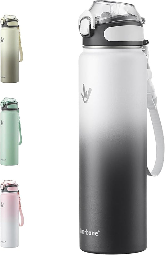 Enerbone Insulated Water Bottle, 32 oz Stainless Steel Water Bottles with Carrying Strap, Double-Wall Vacuum Insulation Thermos, Leakproof Sports Bottle with Straw, Keep Drinks Hot or Cold for Hours
