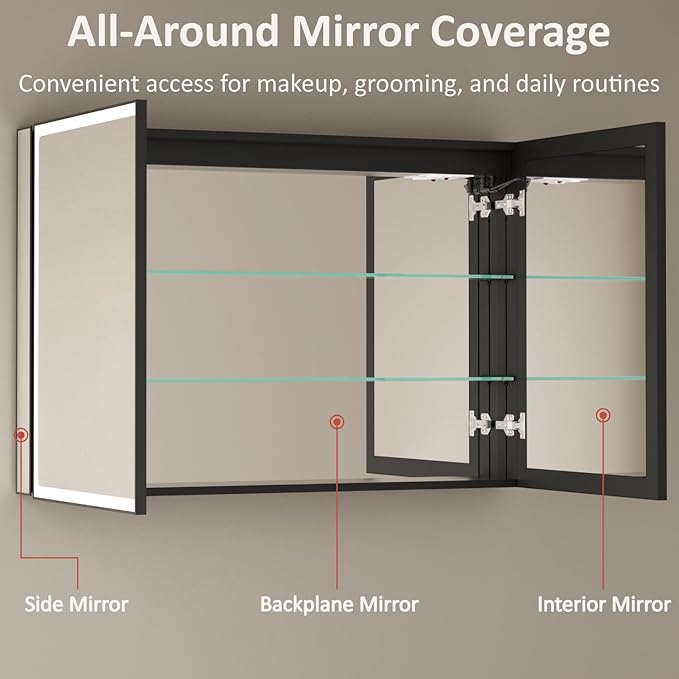 60x32 Inch Medicine Cabinet with Lights, Aluminum Frame, LED Lighted, Anti-Fog, Adjustable Shelves, Dimmable Lighting, Outlets & USB, Recessed or Surface Mount, ETL Listed, Black Rim