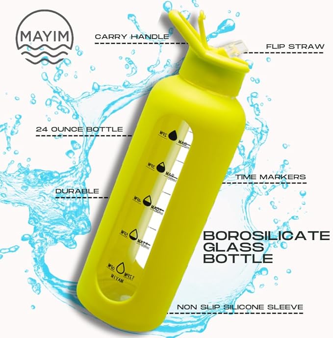 Mayim 24 Oz Glass Tumbler with Straw and Handle, Reusable Motivational Glass Water Bottle with Silicone Sleeve and Time Marker, Leak Proof Borosilicate Water Bottle -Safety Yellow