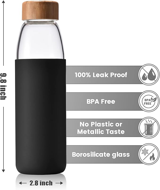 veegoal Glass Water Bottles 25 Oz Borosilicate with Bamboo Lid, BPA-FREE, Non-Slip Silicone Sleeve, and Stainless Steel Leak Proof Lid - Reusable Glass Bottle for Men and Women