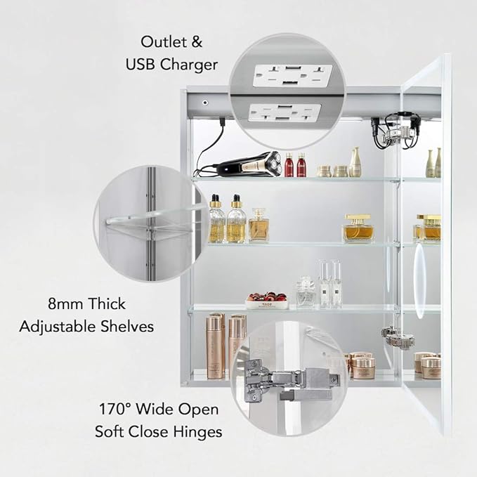 Blossom LED Medicine Cabinet with Mirror, 20x32 In | Lighted Bathroom Mirror Medicine Cabinet with Defogger | Recessed or Surface 3X Makeup Mirror, 3 Color Dimmer, Outlets & USB | A2(M)-20-Right Hinge