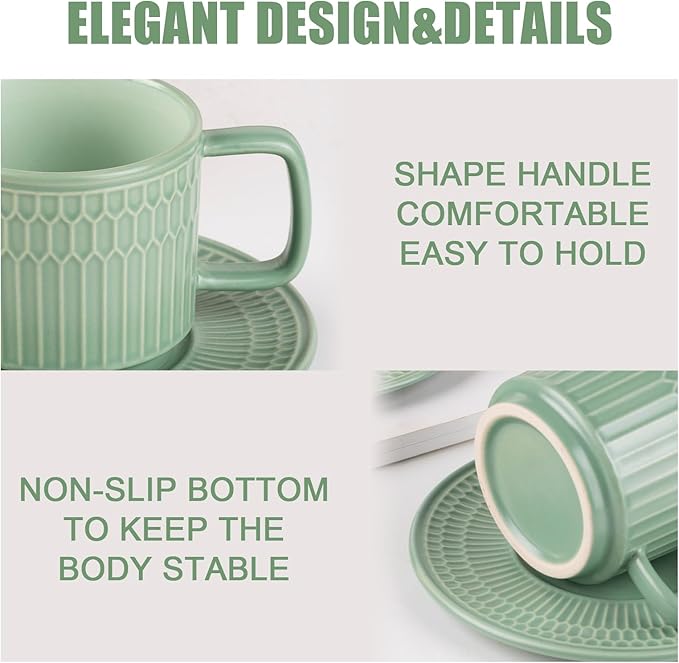 Large Cappuccino Cups with Saucers Set of 4, 8 Ounce Stackable Embossed Ceramic Coffee Mugs for Specialty Coffee Drinks, Latte, Cafe Mocha and Tea, Dishwasher & Microwave Safe (Green)