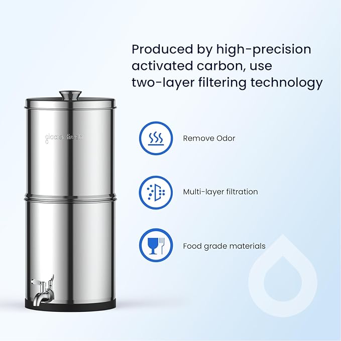 GLACIER FRESH Gravity-fed Water Filter System, Stainless Steel 2.25G Gravity Water Filter with 2 Black Carbon Filters and Metal Spigot, for Home, Camping, and RVing