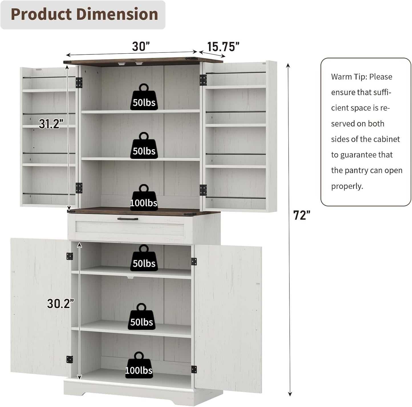 72'' Kitchen Storage Pantry Cabinet, Tall Storage Cabinet with 8 Door Shelves, 2 Cabinets and 1 Drawer, Freestanding Cupboard for Kitchen, Dining Room, Bathroom, Laundry, Off White