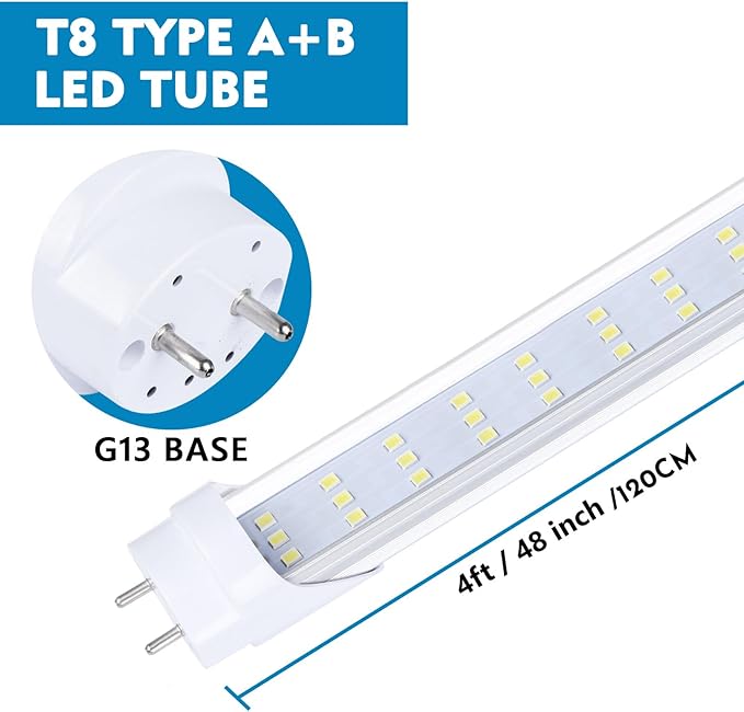 12 Pack, 4FT LED T8 Type A+B Tube Lights, 28W(80W Equivalent), 4000LM, 6000K, Clear Cover, Single or Double End Powered, Plug and Play or Ballast Bypass, 4 Foot T10 T12 Fluorescent Bulbs Replacement