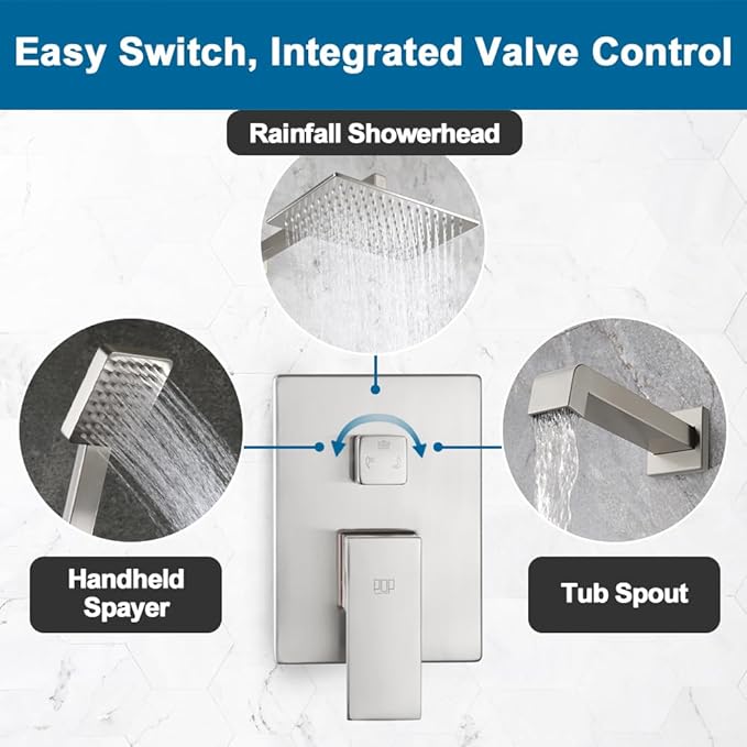POP SANITARYWARE Shower Tub Faucet Set Brushed Nickel Bathroom Shower System with Tub Spout Wall Mounted Rainfall 12 Inch Thickened Shower Head and Handle Set Include Shower Valve and Trim Kit