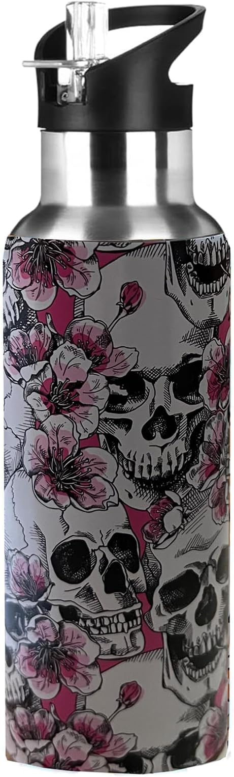 Floral Skull Sport Water Bottle with Straw, Vacuum Insulated Stainless Steel Thermal Drinking Travel Mug Cups For Gym Fitness Camping-17oz/500ml, Pink