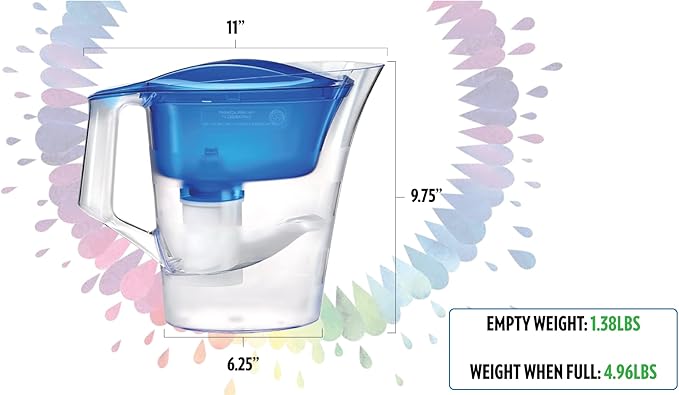 New Wave Enviro Alkaline Plus Water Filter Pitcher with Lead Removal, BPA Free Fridge Friendly Design, 64 Gallon Filter Life, 3.5 Liter Capacity with Integrated Handle, Blue