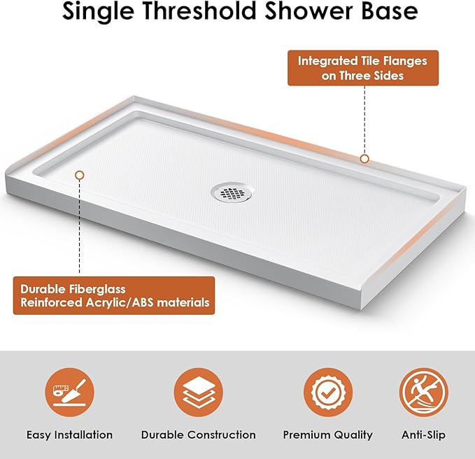 60"x 32" Shower Base, Center Drain Single Threshold Shower Pan with Slip Resistant Textured Surface, Stainless Steel Drain Cover（Center）