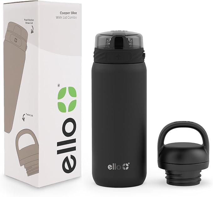 Ello Cooper 18oz Kids Stainless Steel Water Bottle with 2 Lids Chug and Straw | Leak Proof Double Walled and Vacuum Insulated | Fits Car Cupholder | Built in Carry Loop | Dishwasher Safe | Black