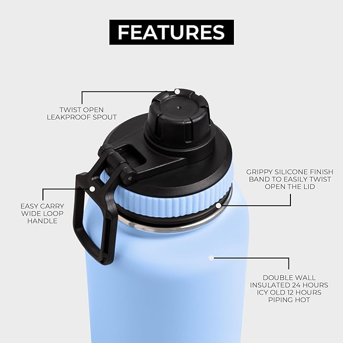 BOZ Stainless Steel Water Bottle - Vaccum Insulated Water Bottle 32 Oz - Wide Mouth BPA Free Sport Water Bottle for Gym with Spout Lid - Thermal Hot & Cold 1 Litre Light Blue Waterbottle