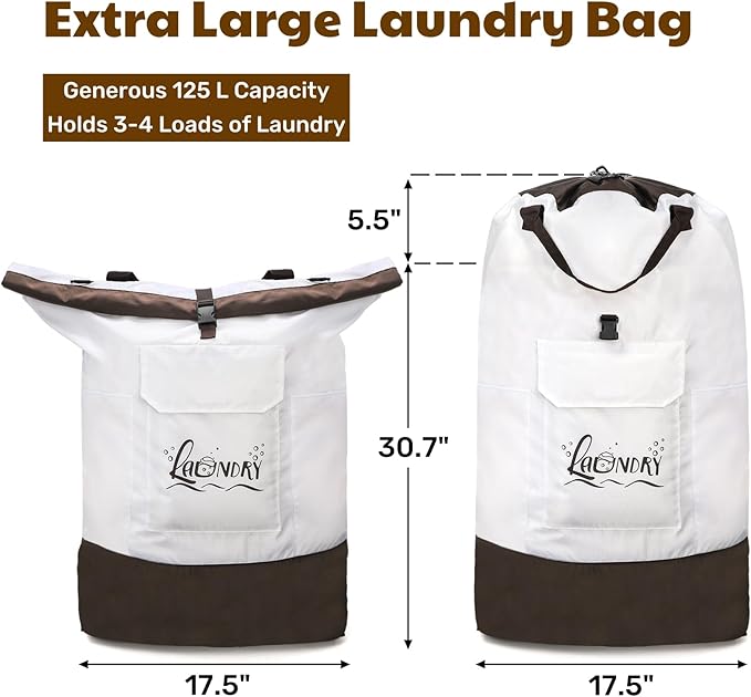 Backpack Laundry Bag, 125L Extra Large Travel Laundry Backpack, Waterproof Oxford Fabric Hamper Bag with Shoulder Straps, Extendable Dirty Clothes Bags for College Laundromat Apartment, Khaki