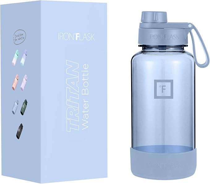 IRON °FLASK Clear Tritan Trekker Water Bottle with Chug Lid & Rubber Boot - Leak Proof & Lightweight for Gym, Hiking, Sports - Dishwasher Safe, BPA Free Plastic - Stormy Blue, 32 Oz