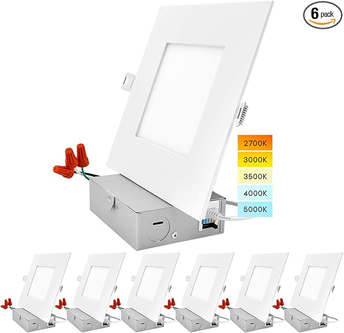 LUXRITE 6 Inch Ultra Thin Square LED Recessed Lighting, 5 Color Temperature Options 2700K - 5000K, Dimmable LED Downlight, 12W, IC & Wet Rated, 1000 Lumens, Canless LED Recessed Light, ETL (6 Pack)