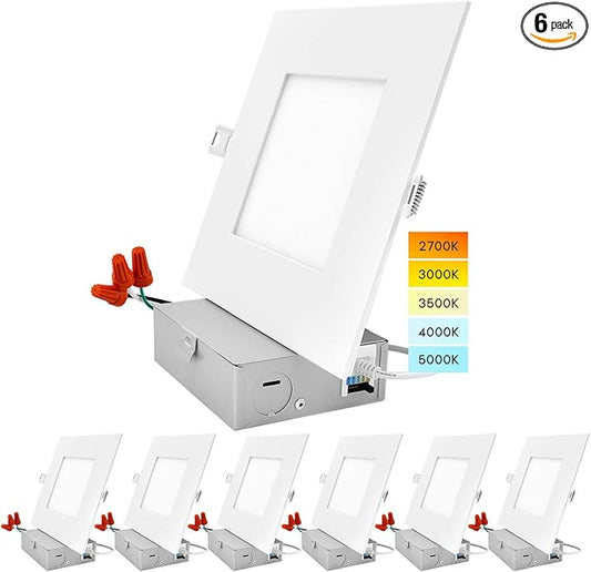 LUXRITE 6 Inch Ultra Thin Square LED Recessed Lighting, 5 Color Temperature Options 2700K - 5000K, Dimmable LED Downlight, 12W, IC & Wet Rated, 1000 Lumens, Canless LED Recessed Light, ETL (6 Pack)