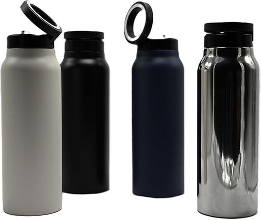 Magnetic Ring Top Insulated Stainless Steel Water Bottle with Phone Holder, 360° Rotation, Portrait/Landscape Modes, Black (Black), TC0023