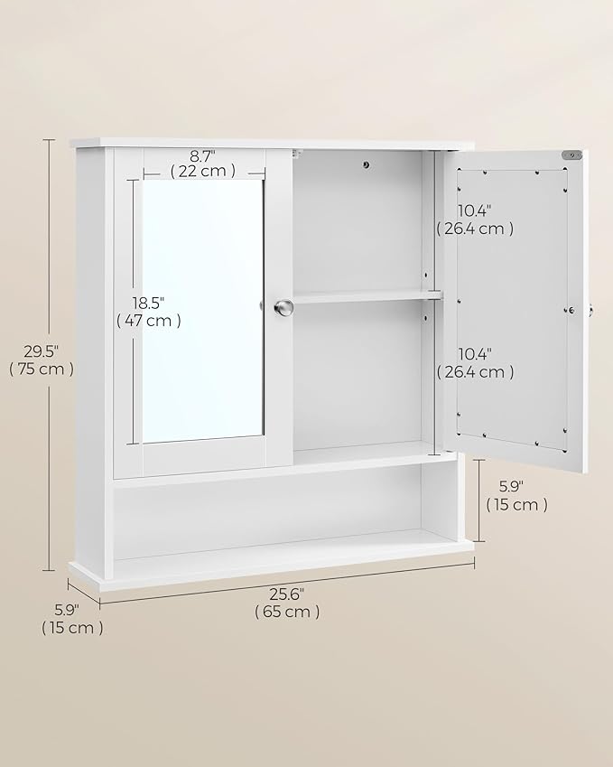 VASAGLE Bathroom Cabinet with Mirror, Wall Cabinet with 2 Mirrored Doors, Adjustable Shelf, Open Compartment, Wall-Mounted, 5.9 x 25.6 x 29.5 Inches, White ULHC012W01