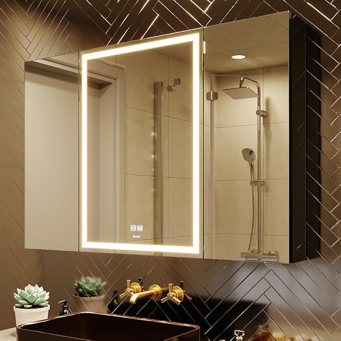 LED Lighted Bathroom Medicine Mirror Cabinet with Sockets & USBs, Anti-Fog Dimmable Light and Color Adjustment, Antirust and Easy to Install Aluminum Cabinet (Touch Screen, 28" L x 40" W)