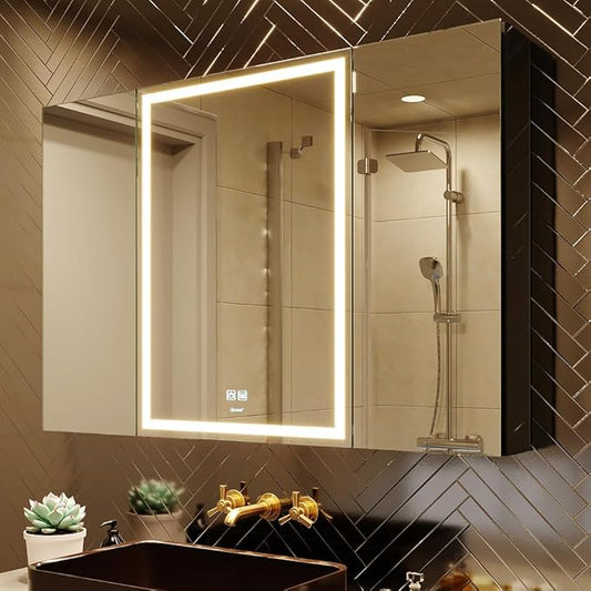 LED Lighted Bathroom Medicine Mirror Cabinet with Sockets & USBs, Anti-Fog Dimmable Light and Color Adjustment, Antirust and Easy to Install Aluminum Cabinet (Touch Screen, 28" L x 40" W)
