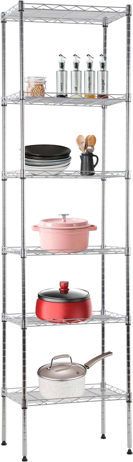 BestOffice | 6-Tier Wire Storage Shelves | 17x12x64 | Chrome | with Adjustable Racks | Heavy-Duty Metal Shelf, Holds Upto 600 lbs | No-Tool Assembly | Ideal for Home & Garage Shelving