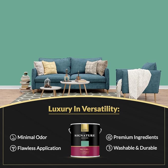 EVOLVE Signature Paint & Primer: Luxury Paint & Primer for Indoor & Outdoor Surfaces, Minimal Odor, Eggshell Sheen (Mint Green, 1 Gallon)