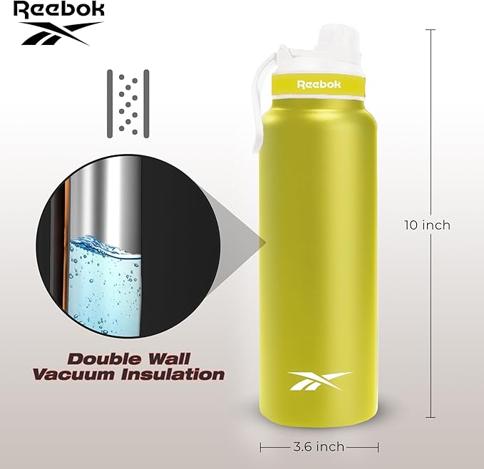 Reebok Athletic Stainless Steel Water Bottle - Insulated Water Bottle 32 oz With Chug Lid - Double Wall Vacuum Insulated Sports Water Bottle, BPA Free