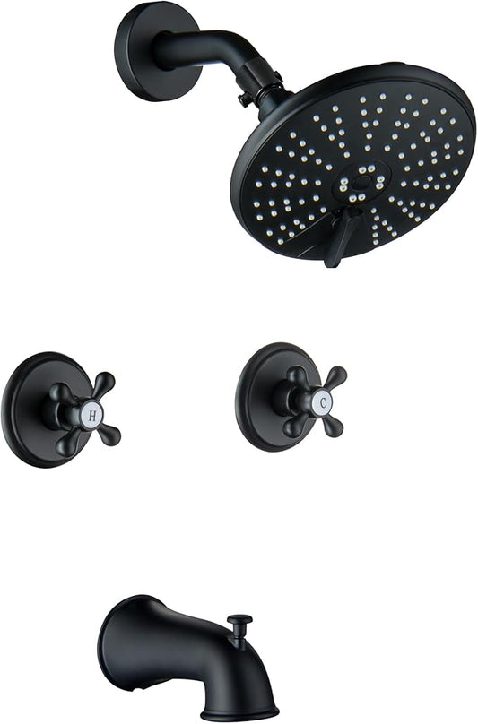 2 Handle Shower Faucet Set, Matte Black Shower Faucet Set 2 Knobs, Two Handles Bath Tub Shower Faucets Sets Complete Wall Mounted Brass Valve and Trim Kit