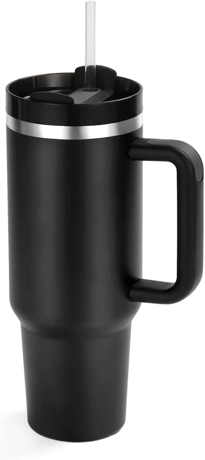 Generic Cup Inspired 40oz Insulated Water Tumbler with Handle & Straw - Vacuum Sealed Travel Mug for Hot & Cold Drinks, Ideal for Office & Home (Black)