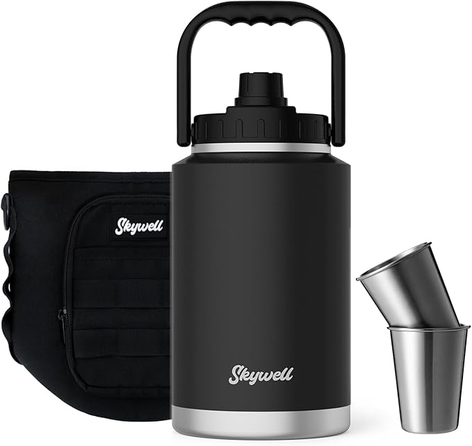 SkyWell 128 Oz Insulated Water Bottle Sleeve and Cup Kit Wide Mouth Water Flask Sweat-Proof and Leak-Proof 1 Gallon Stainless Steel Water Jug for Outdoors, Black Kit