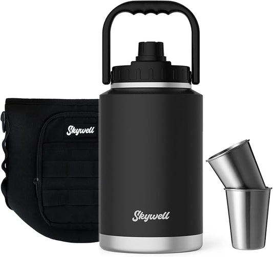 SkyWell 128 Oz Insulated Water Bottle Sleeve and Cup Kit Wide Mouth Water Flask Sweat-Proof and Leak-Proof 1 Gallon Stainless Steel Water Jug for Outdoors, Black Kit
