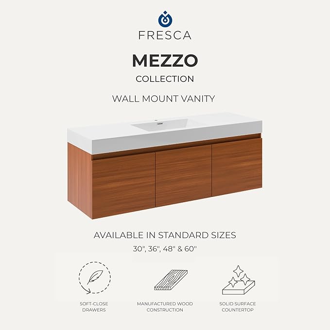 Fresca Mezzo 48 Inch White Wall Mount Modern Double Bathroom Vanity and Medicine Cabinet - Includes Double Integrated Sinks with 4 Soft-Closing Hidden Drawers - Faucets Sold Separately