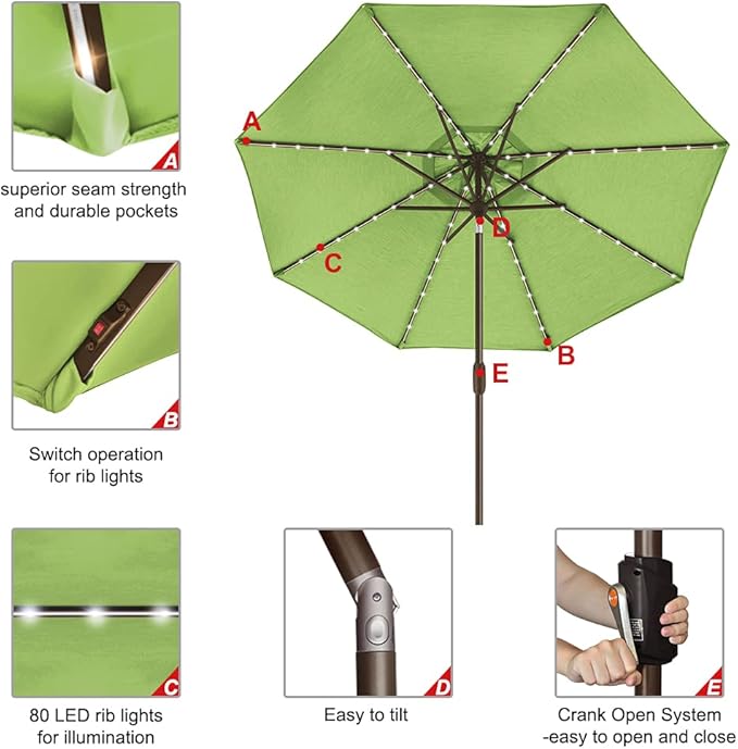 EliteShade USA 10-Year-Non-Fading Solar 9ft Market Umbrella with 80 LED Lights Patio Umbrellas Outdoor Table Umbrella with Ventilation, Macaw Green