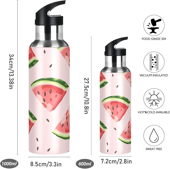 ALAZA Red Watermelons Water Bottle With Straw Lids Boys Girls,Vacuum Insulated Leakproof Stainless-Steel Sports Bottle Thermal Flask For Gym Yoga Camping,34Oz (1000Ml)