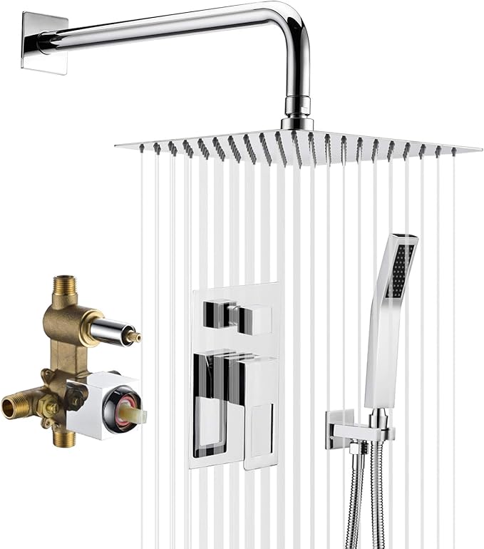 Shower Trim Kit with Valve, Shower System Includes 8 Inches Rain Shower Head With Handheld, Solid Brass Pressure Balance Valve, Chrome Finish