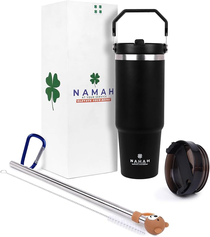 Tumbler with Handle & Extra Cloud LID – 30oz/900ml, Premium 304 Stainless Steel, Insulated Water Bottle, Leak-Proof, Steel Straw, Teddy Straw Cap, Cleaning Brush & Carabiner Hook (Charcoal Black)