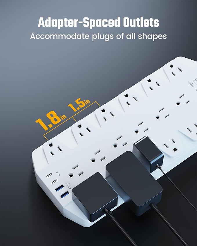 Power Strip Surge Protector, SUPERDANNY 18 Outlets with 2 USB C + 2 USB A Ports, 1875W/15A, 2100J, 6.5FT Flat Plug Heavy Duty Extension Cord with Multiple Outlets for Home, Office, Dorm, White