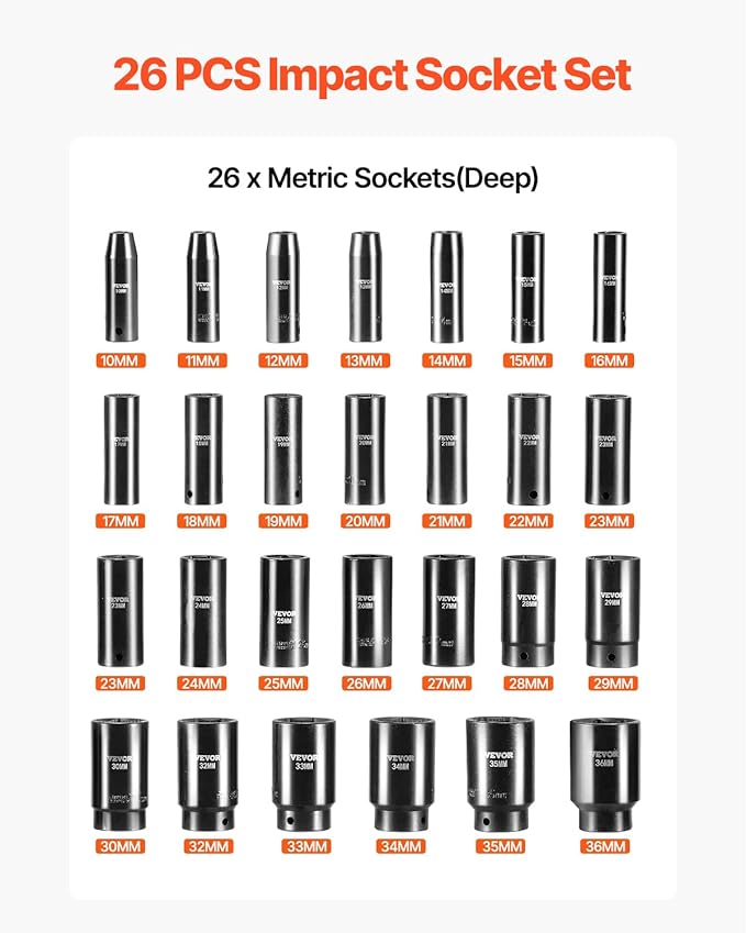 VEVOR Impact Socket Set 1/2 Inches 26 Piece Deep Sockets, , 6-Point , Rugged Construction, Cr-V, 1/2 Inches Drive Socket Set Impact Metric 10mm - 36mm, with a Storage Cage