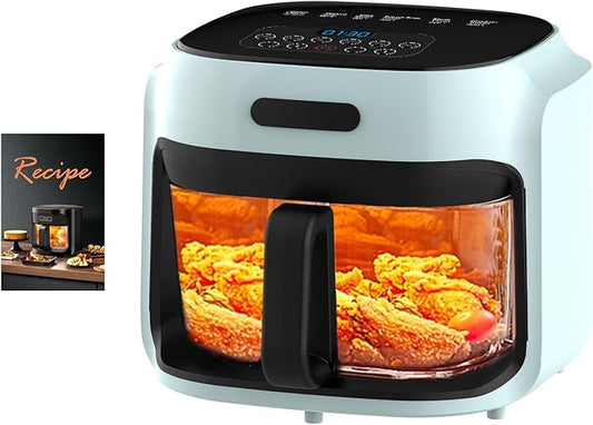 Glass Air Fryer, 7.6QT with Transparent Fry Bowl, Circulating Heating, Temperature Control, Air Fryer Roast, Dishwasher Safe (Green)