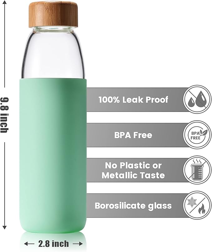 veegoal Glass Water Bottles 25 Oz Borosilicate with Bamboo Lid, BPA-FREE, Non-Slip Silicone Sleeve, and Stainless Steel Leak Proof Lid - Reusable Glass Bottle for Men and Women