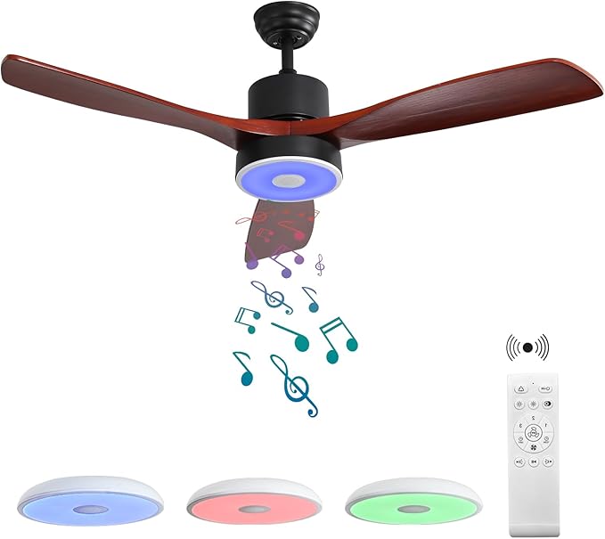 60 Inch Wood Ceiling Fan with RGB Dimming LED Light,with Music Bluetooth Speaker,Remote Control,3-Speed Regulation, Reversible Motor,Timing,for Living Room,Bedroom,Restaurant,Outdoor