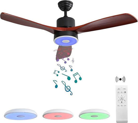 52 Inch Wood Ceiling Fan with RGB Dimming LED Light,with Music Bluetooth Speaker,Remote Control,3-Speed Regulation, Reversible Motor,Timing,for Living Room,Bedroom,Restaurant,Outdoor