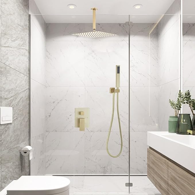 ‎Brushed Gold Shower System Bathroom 12 Inch Rain Shower Head Ceiling Mount with Handheld Luxury High Pressure Shower Combo Set Shower Faucet Rough-in Valve Body and Trim Included