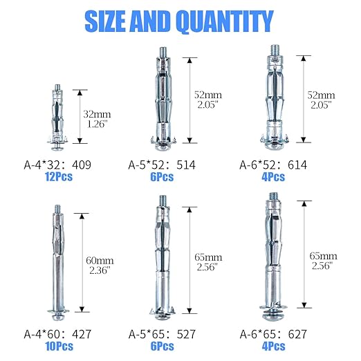 Glarks 42Pcs 6 Size Heavy Duty Zinc Plated Steel Molly Bolt Hollow Drive Wall Anchor Screws Assortment Kit for Drywall, Plaster and Tile