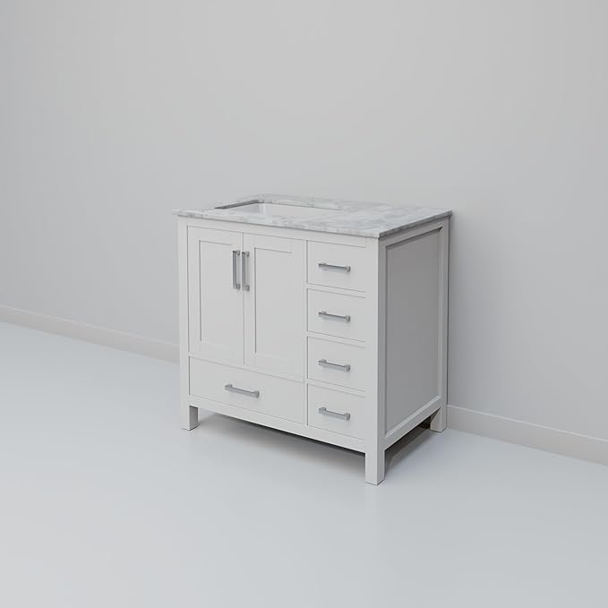 Big Sur 36 in. W x 22 in. D Left Offset White Bath Vanity and Carrara Marble Top