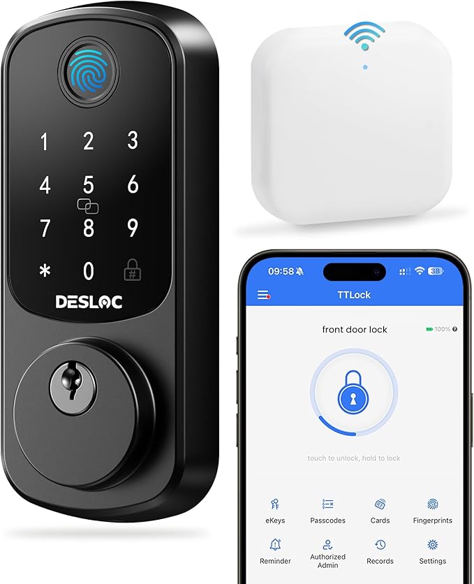 DESLOC Smart Lock B200 WiFi Version, Fingerprint Keyless Entry Door Lock, App Remote Control, Smart Locks for Front Door, WiFi Deadbolt Smart Lock, Emergency Power Port,12 Months Battery, Auto Lock