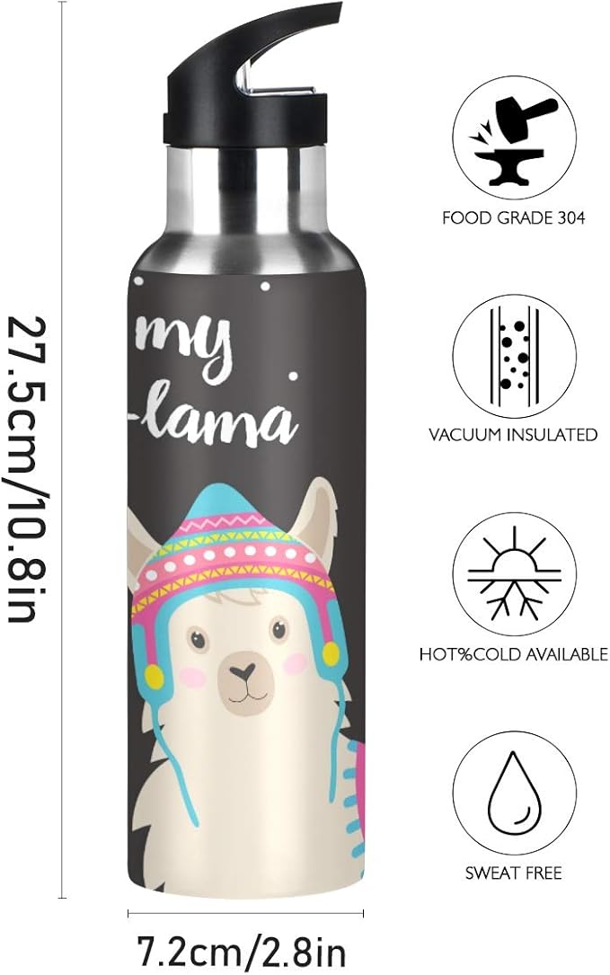 Blueangle Cartoon Llama Water Bottle with Straw Lid for Fitness Gym Camping Outdoor Sports, Wide Mouth Vacuum Insulated 18/8 Stainless Steel, 22 oz