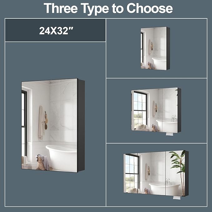 24 x 32 inch Bathroom Medicine Cabinet with Mirror, Black Metal Framed Mirror Medicine Cabinet with Storage, Pre-Assemble Medicine Cabinets, Recessed or Surface Mount
