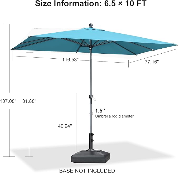 PURPLE LEAF 10' x 6.5' Rectangular Patio Umbrella Outdoor Table Umbrella Aluminum Frame Market Umbrella Sun Umbrella with 8 Sturdy Ribs Tilt for Garden Deck Lawn Pool Turquoise Blue