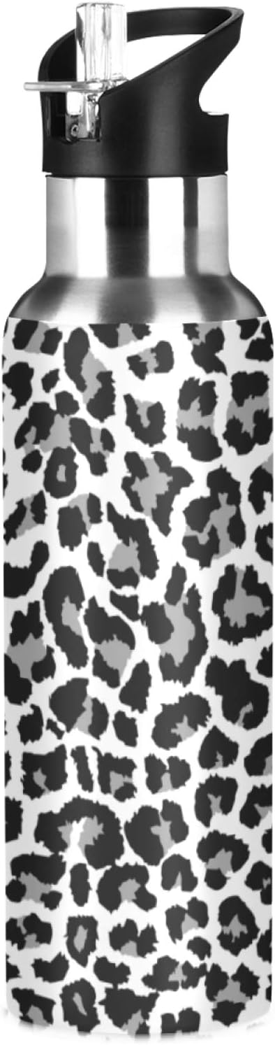 Qilmy Black and White Leopard Water Bottle Vacuum Insulated Stainless Steel Water Bottles with Straw Lid Leakproof Wide Mouth Water Flask for Fitness Outdoor Sports, 20 oz