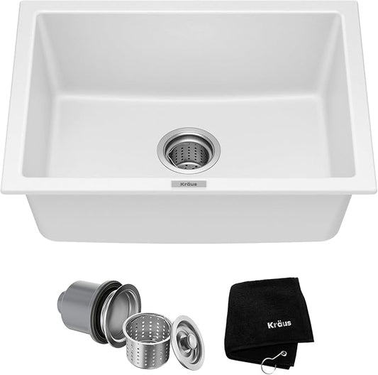 KRAUS Quarza 24-inch Granite Drop-In/Undermount Single Bowl White Kitchen Sink, KGD-410BWHITE